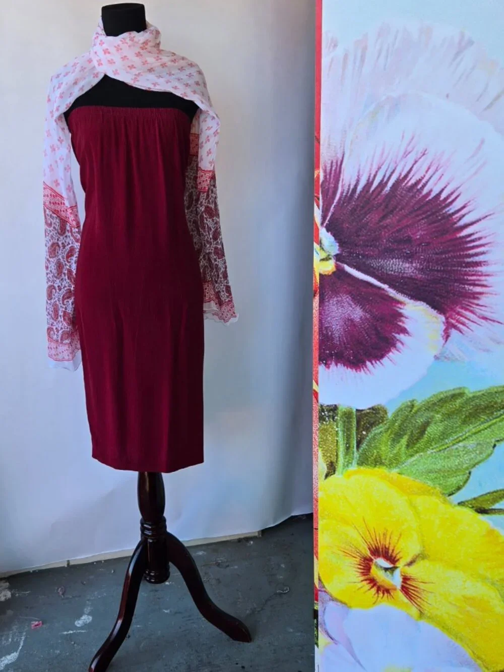 Red White Floral Boho Scarf Sheer Flowy Wrap Shawl Romantic Causual Evening